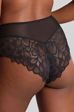 Panache black lace high waist deep brief with breathable cotton gusset, available in sizes 10, 12, and 14.
