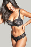 Black lace brief with gold ring detail by Panache, featuring a comfort-fit design in various sizes.