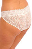 Ivory lace bikini briefs by Wacoal, featuring a delicate lace trim and soft fabric, available in sizes 10, 12, and 14.