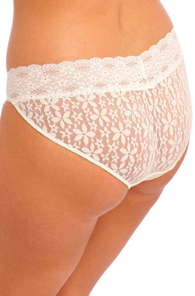 Ivory lace bikini briefs by Wacoal, featuring a delicate lace trim and soft fabric, available in sizes 10, 12, and 14.