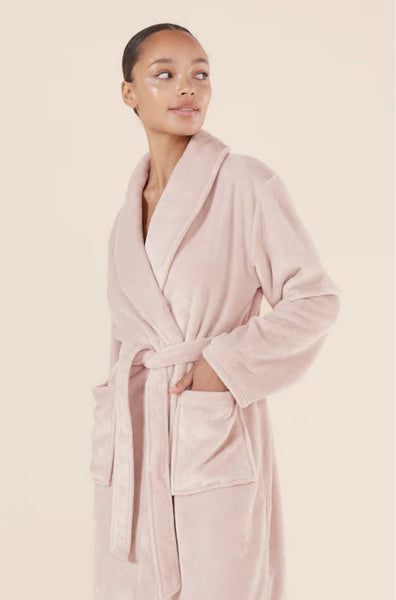 Soft pink long plush robe by Ginger Lily, available in sizes S, M, L, perfect for cozy sleepwear.