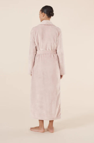 Soft pink long plush robe by GINGER LILY, available in sizes S, M, L