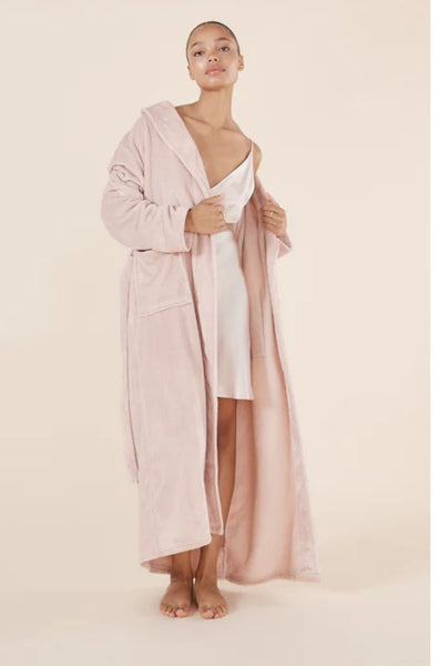 Soft pink Imogin long plush robe by GINGER LILY, available in sizes S, M, L, perfect for cozy sleepwear.