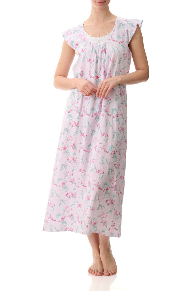 Zayla Flutter Sleeve Cotton Nightie (Pink Floral) Available in size S only