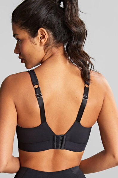 Black wired sports bra from Panache, featuring larger cup sizes and support for active wear