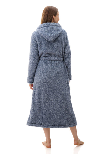 Navy marle luxury fleece hooded short gown with adjustable fit by GIVONI, available in sizes XS, S, and M.