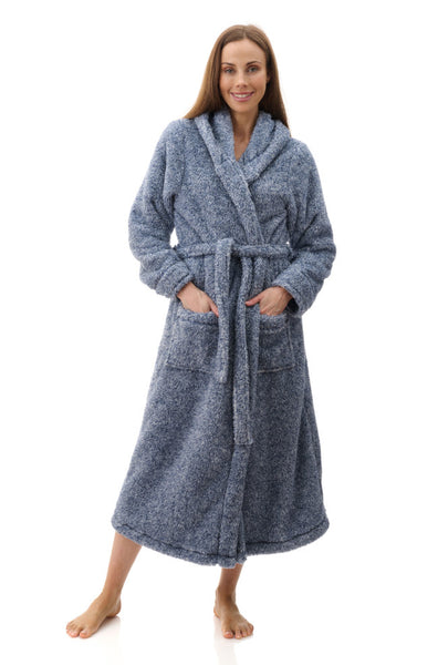Navy marle fleece hooded short gown with adjustable fit by Givoni, available in sizes XS, S, and M.