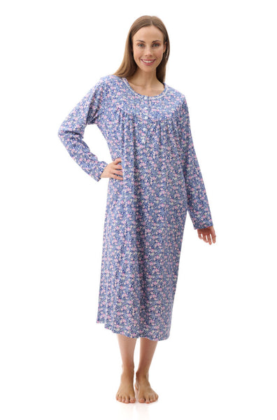 Becky Cotton Nightie Royal Blue Floral - Long Sleeve Available in size Medium only