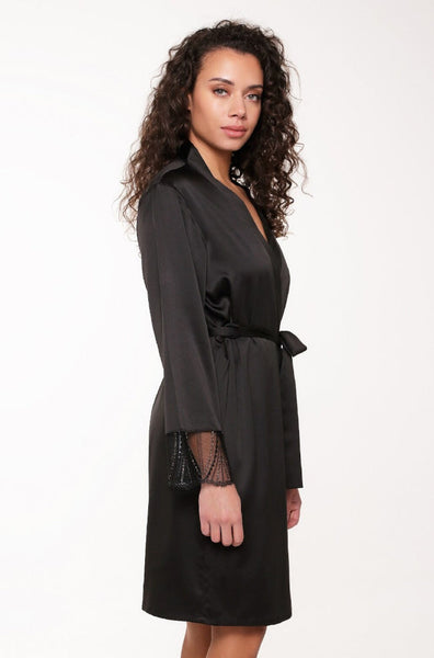 Lingadore Bethany Satin Kimono Black - Lightweight Lace Detail XS