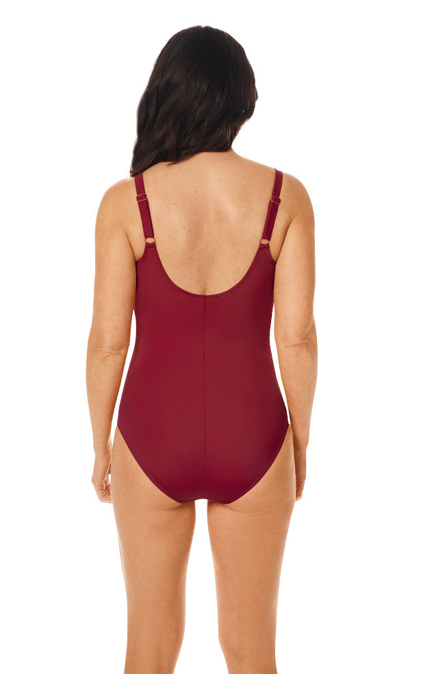 Burgundy one-piece mastectomy swimsuit with adjustable straps, UV50+ protection, by Amoena, size 18 only.
