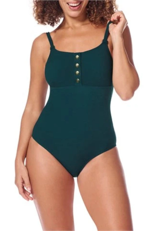 Dark green Amoena one piece mastectomy swimsuit with adjustable straps and bilateral pockets, UV50+ protection, size 8