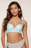 Jade blue push-up bra with eyelash trim by LingaDore, available in A cup sizes 10, 12, and 14