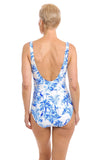 Blue ruched square neck one-piece swimsuit by TOGS, featuring DD cup support and elegant design.