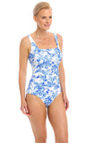 Blue ruched square neck one-piece swimsuit by TOGS, featuring DD cup support, available in sizes 12 to 16.