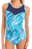 Blue Delray Mesh High Neck One Piece Swimsuit by TOGS, mastectomy friendly design, size options available.