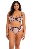 Elomi Carrie embroidered plunge bra in ballet pink with black contrast elastic and bow detail, size 10H