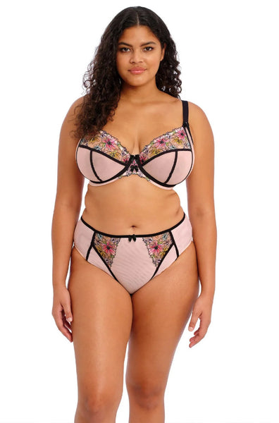 Elomi Carrie embroidered plunge bra in ballet pink with black contrast elastic and bow detail, size 10H