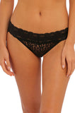Black lace bikini briefs by WACOAL available in sizes S and XL, featuring delicate lace trim.