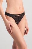 Black lace Grand Finale thong by Pleasure State in size M, featuring delicate trim and a comfortable fit.