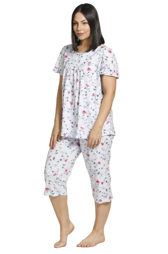 Schrank Butterflies Cotton Short Sleeve PJ Set Blue - Capri Pants
