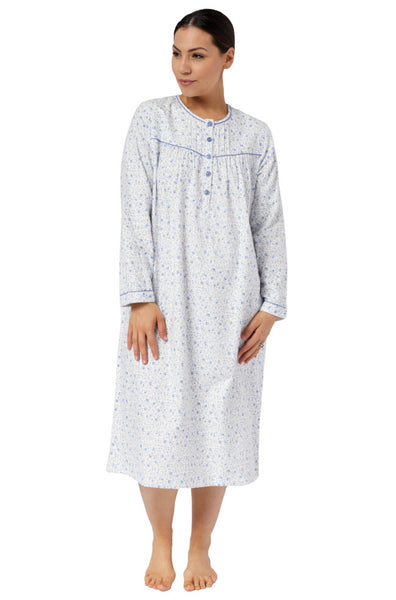 Blue floral print cotton flannelette nightie by Schrank, button-front design, size 26 for cold-weather comfort.