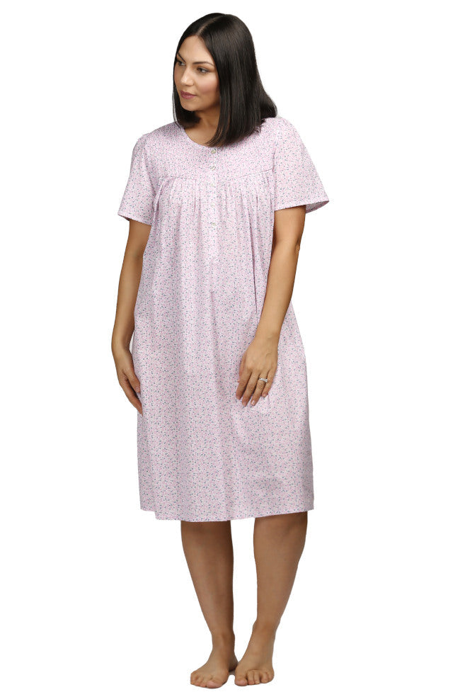 Ditsy Floral Cotton Nightie Short Sleeve - Pink Button Front