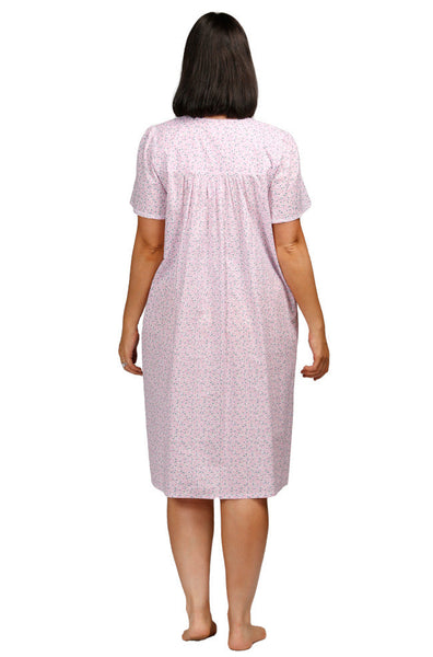 Ditsy Floral Cotton Nightie Short Sleeve - Pink Button Front