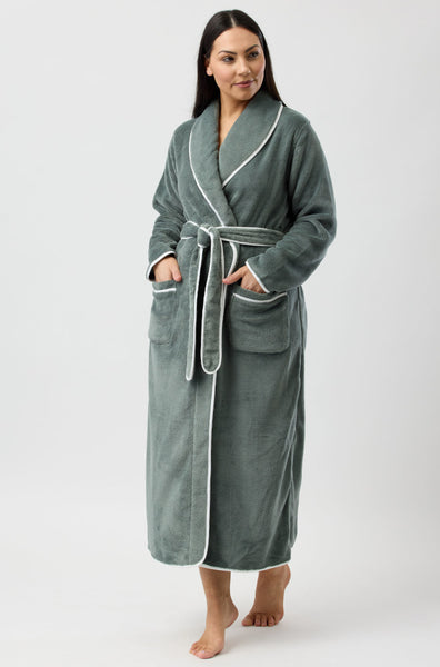 Olive green Ella dressing gown in size XL, featuring a wrap design, soft fabric, and comfortable fit by YUU