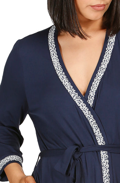 Navy soft viscose blend robe with confetti lace detail, available in sizes L, XL, and XXL by YUU