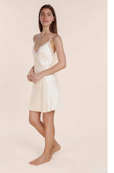 Ivory short chemise slip from GINGER LILY, featuring delicate lace trim and adjustable straps.