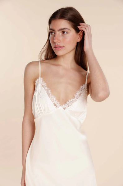 Ivory short chemise slip by Ginger Lily, featuring delicate lace and a soft satin finish.