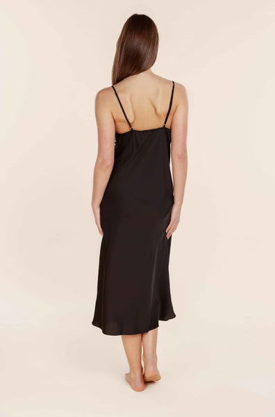 Magnolia Long Silky Satin Chemise (Black)