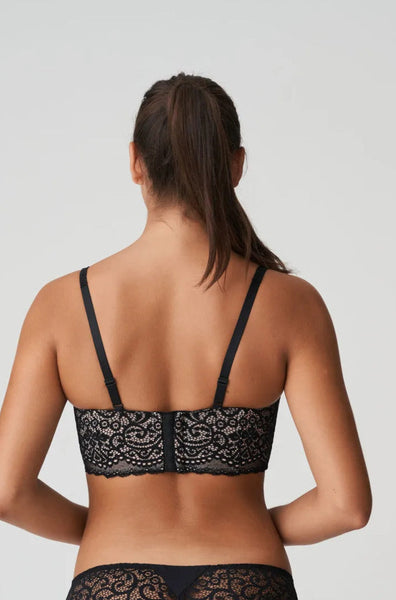 Black longline underwire bra by Primadonna with D cup support and elegant lace details