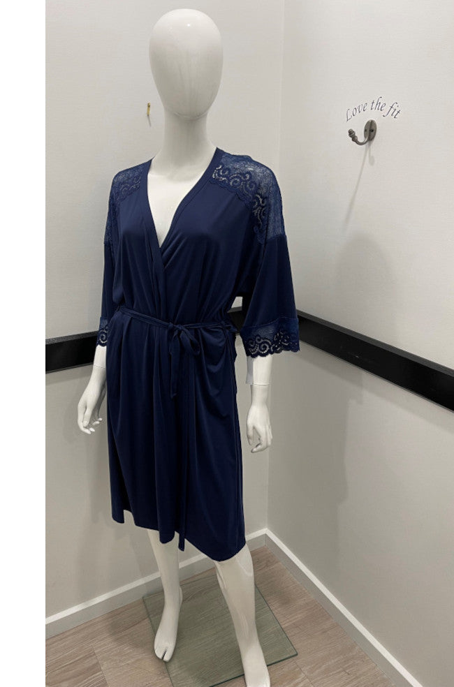 Tactel Robe with Lace (Navy) Available in 18 and 20 only