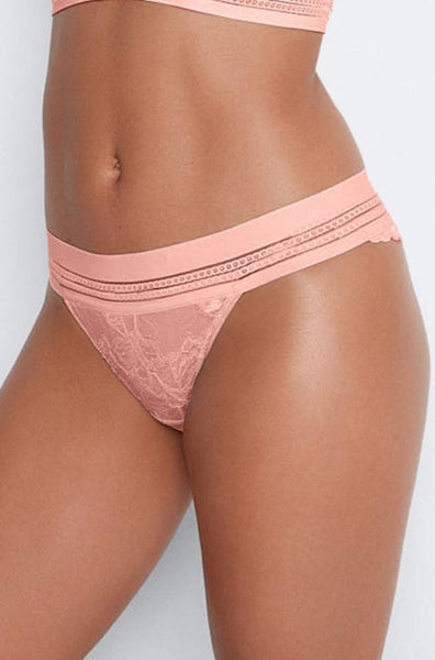 Pink lace thong underwear with wide elastic waistband by Me, available in XL size