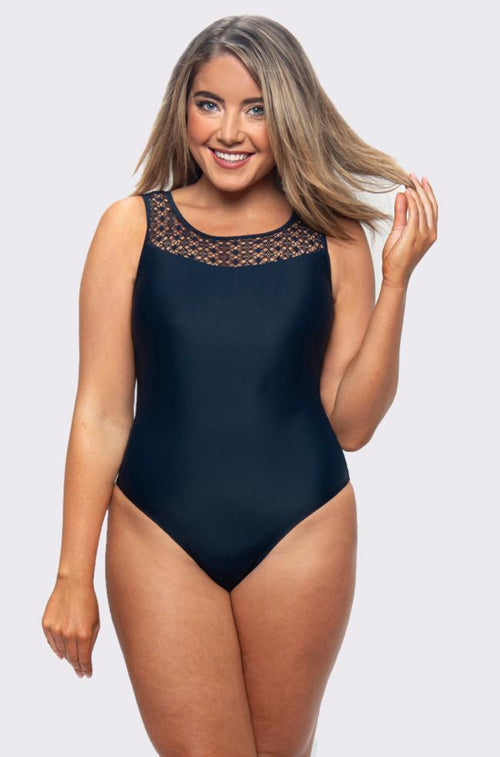 Lace Yoke One Piece Swimsuit (Navy) available in size 10 & 24 only