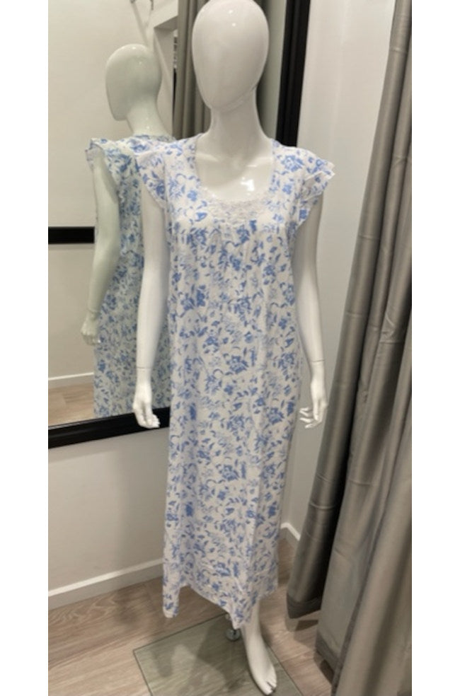 Louise Long Cotton Flutter Sleeve Nightie (Blue) Available in sizes S and M only
