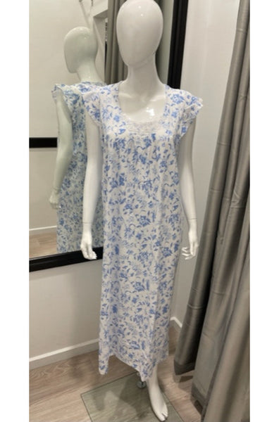 Louise Long Cotton Flutter Sleeve Nightie (Blue) Available in sizes S and M only