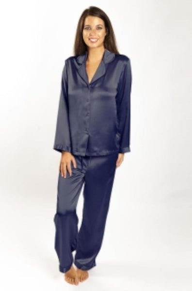 Love & Lustre Premium Silk Piped Pajama Set Navy Blue