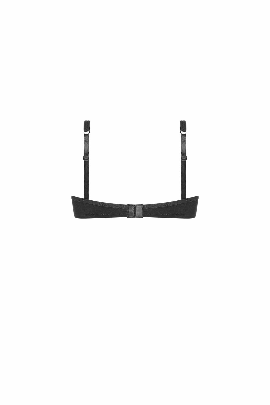 Black Amœna Lara padded wire-free bra with smooth cups, adjustable straps, and back support, shown from the back.