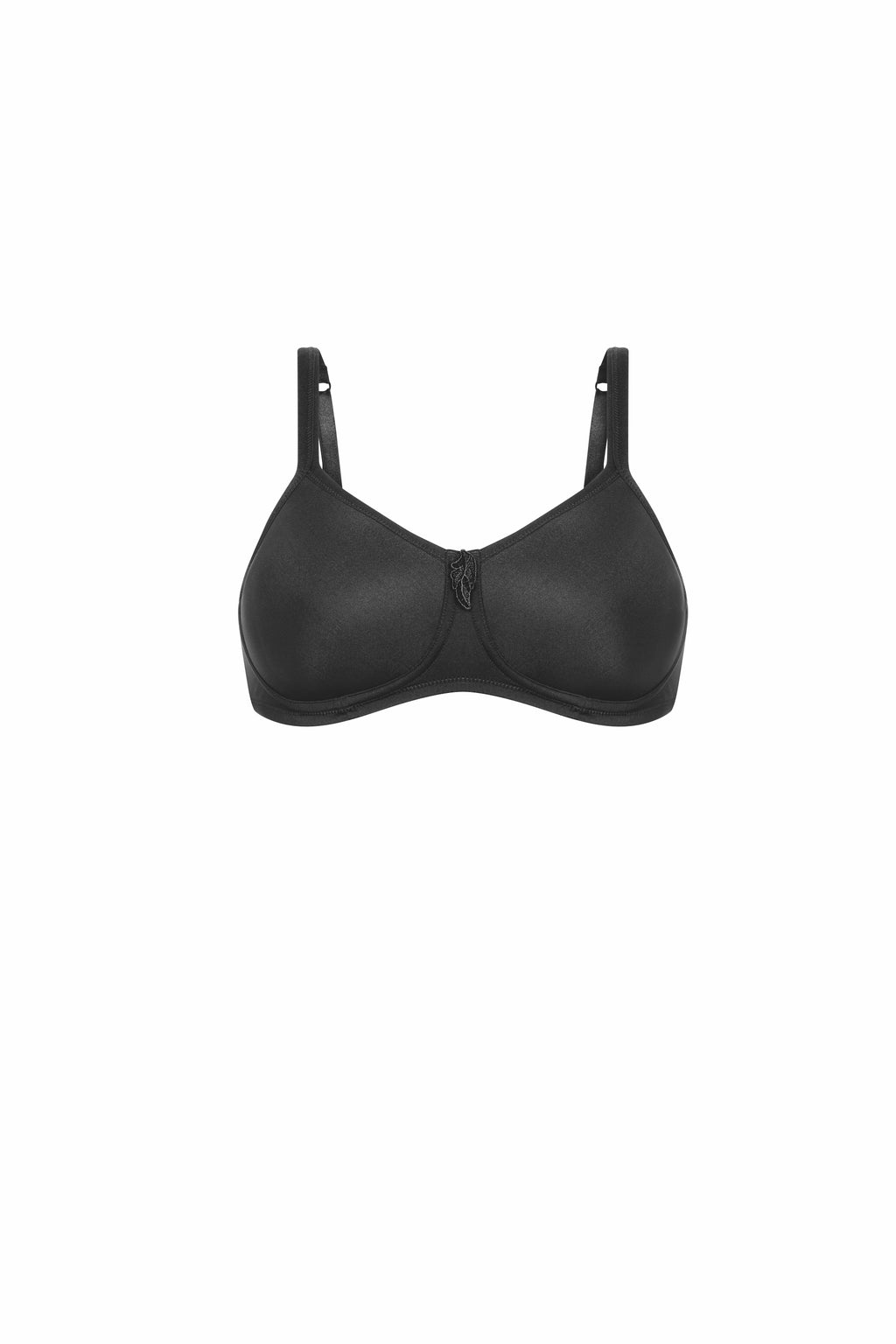 Black AMOENA Lara padded wire-free bra with smooth cups and adjustable straps, front view showing comfortable fit and supportive design.