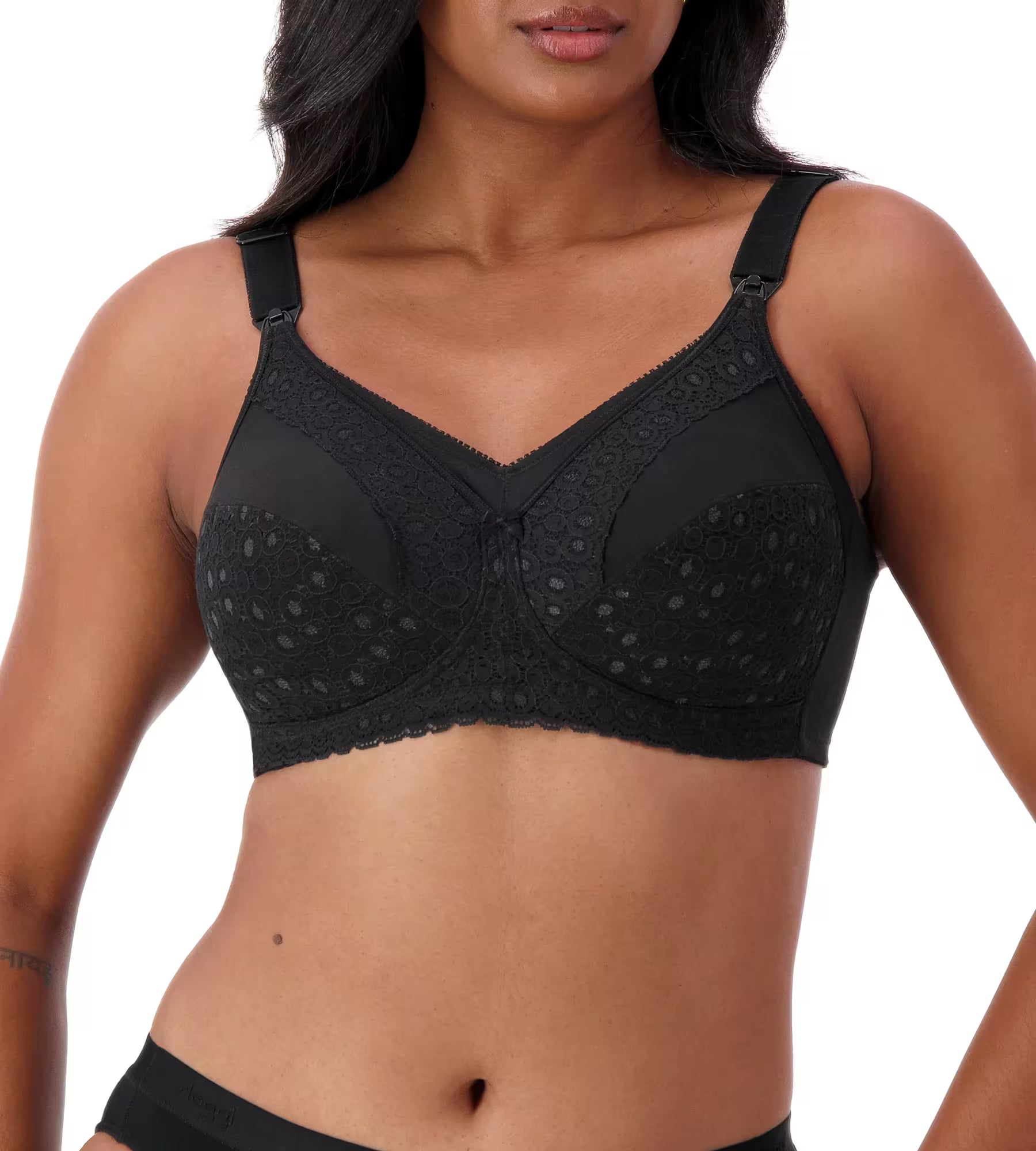 Black lace maternity nursing bra by Triumph, wire-free design with adjustable straps for comfortable breastfeeding support.