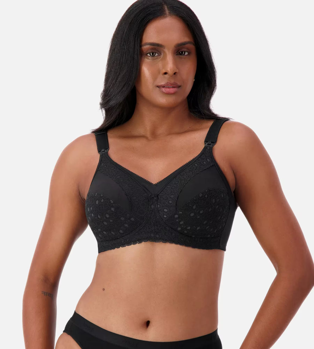 Black lace maternity nursing bra by Triumph, wire-free design with adjustable straps for comfortable breastfeeding support.