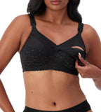 Black lace maternity nursing bra by Triumph, wire-free design with soft cups and adjustable straps for comfortable breastfeeding.