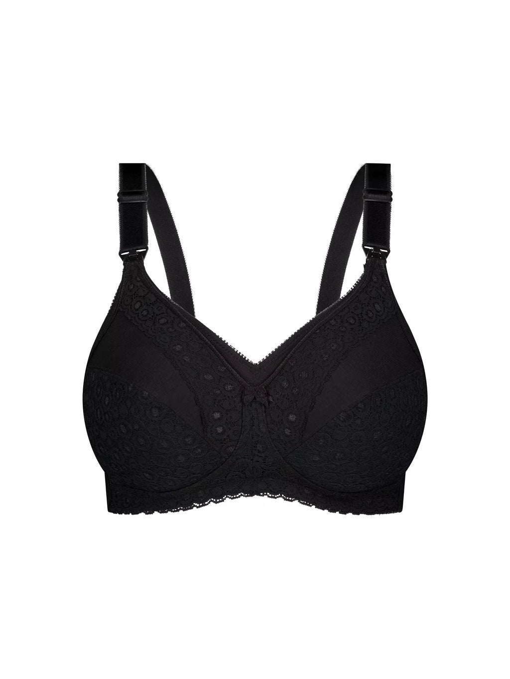 Black lace maternity nursing bra by Triumph, wire-free design with supportive cups and adjustable straps.