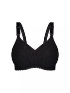 Black lace maternity nursing bra by Triumph, wire-free design with supportive cups and adjustable straps.