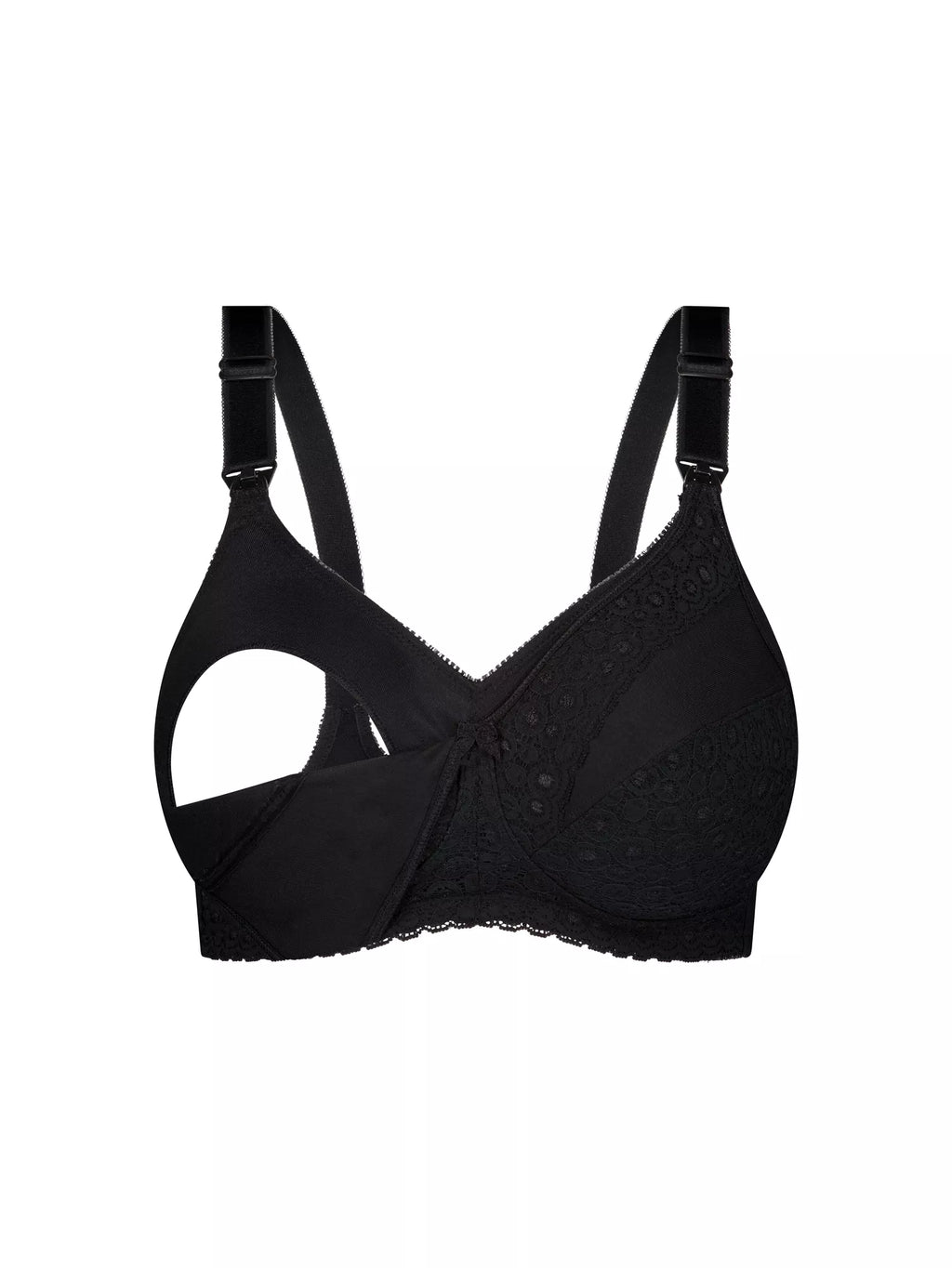 Black lace maternity nursing bra by Triumph, wire-free design, featuring soft cups and adjustable straps for comfortable breastfeeding.