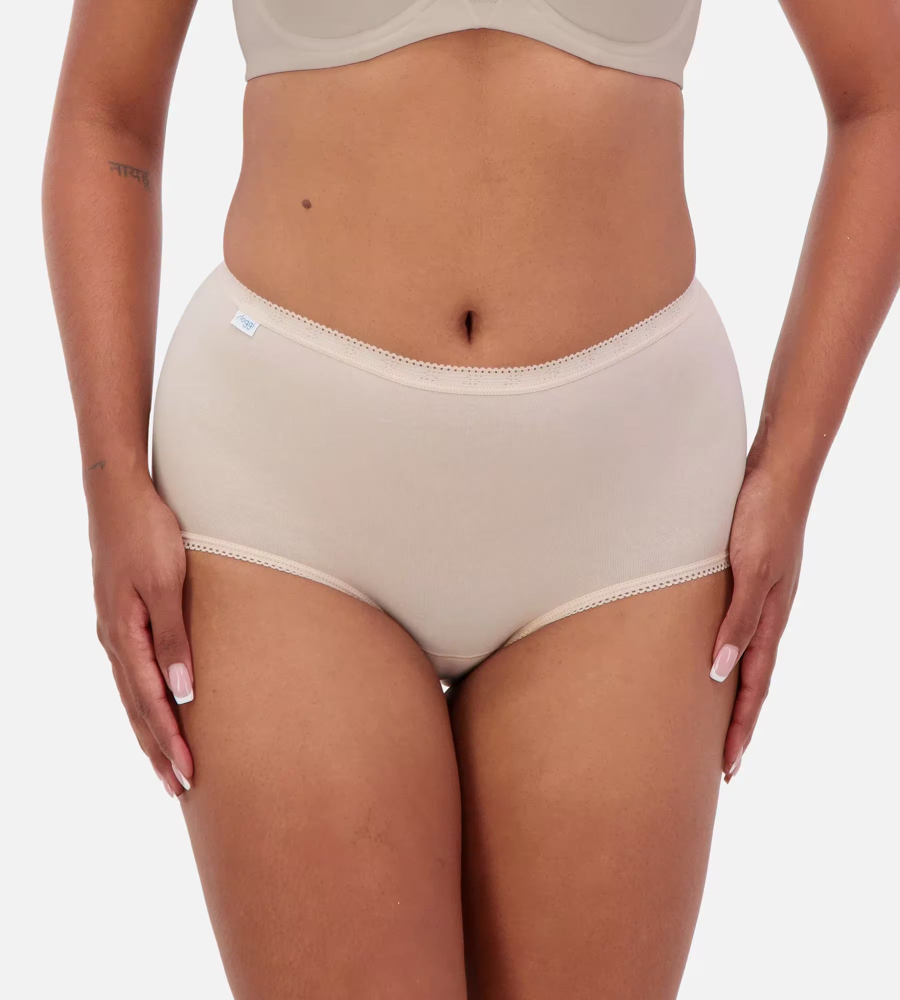 Sloggi full brief underwear pack with two comfortable, white cotton briefs for women, showcasing soft fabric and full coverage.