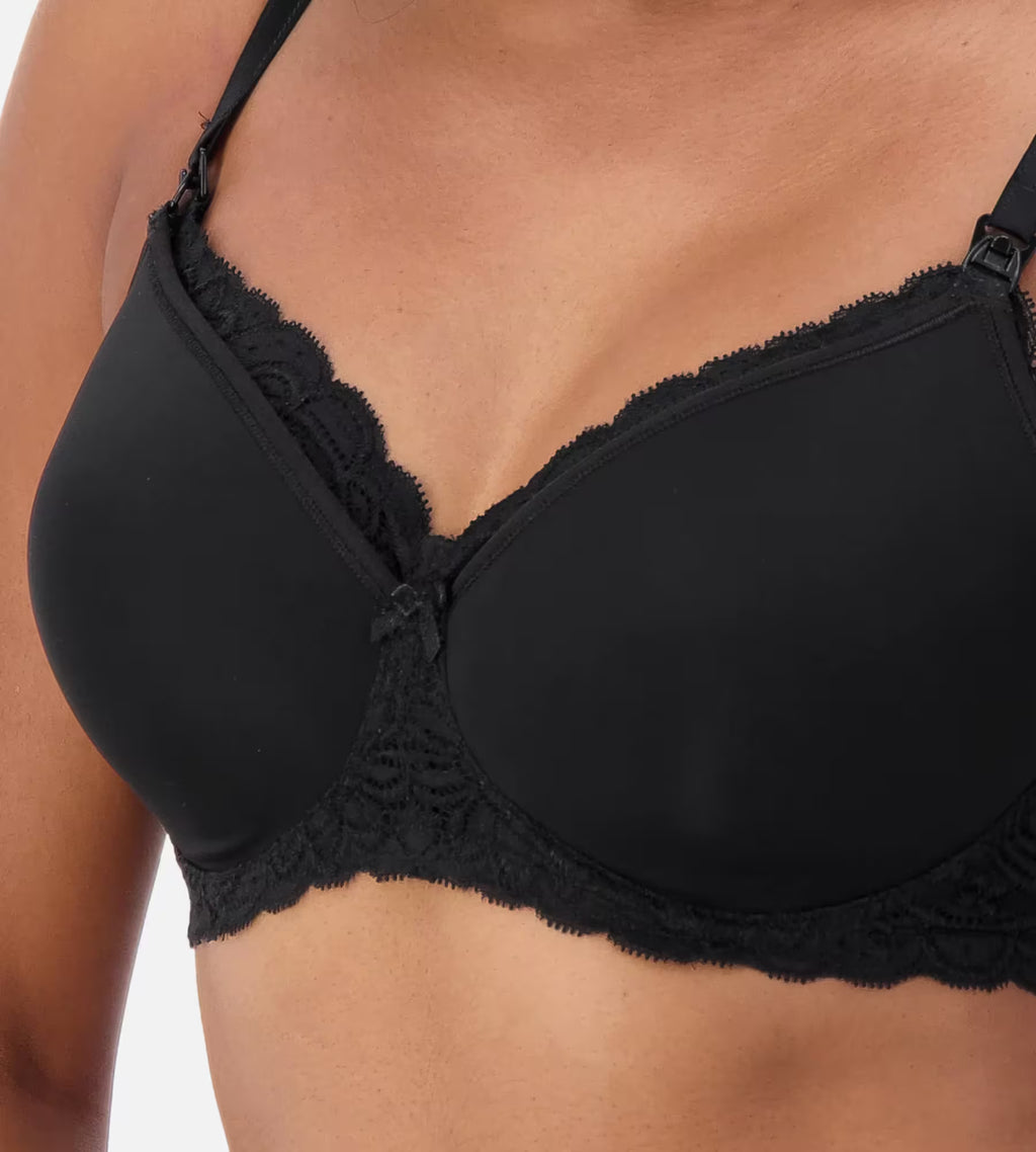 Black Triumph Mama Lace Maternity Bra with softcup, wire-free design, featuring delicate lace for comfortable support.