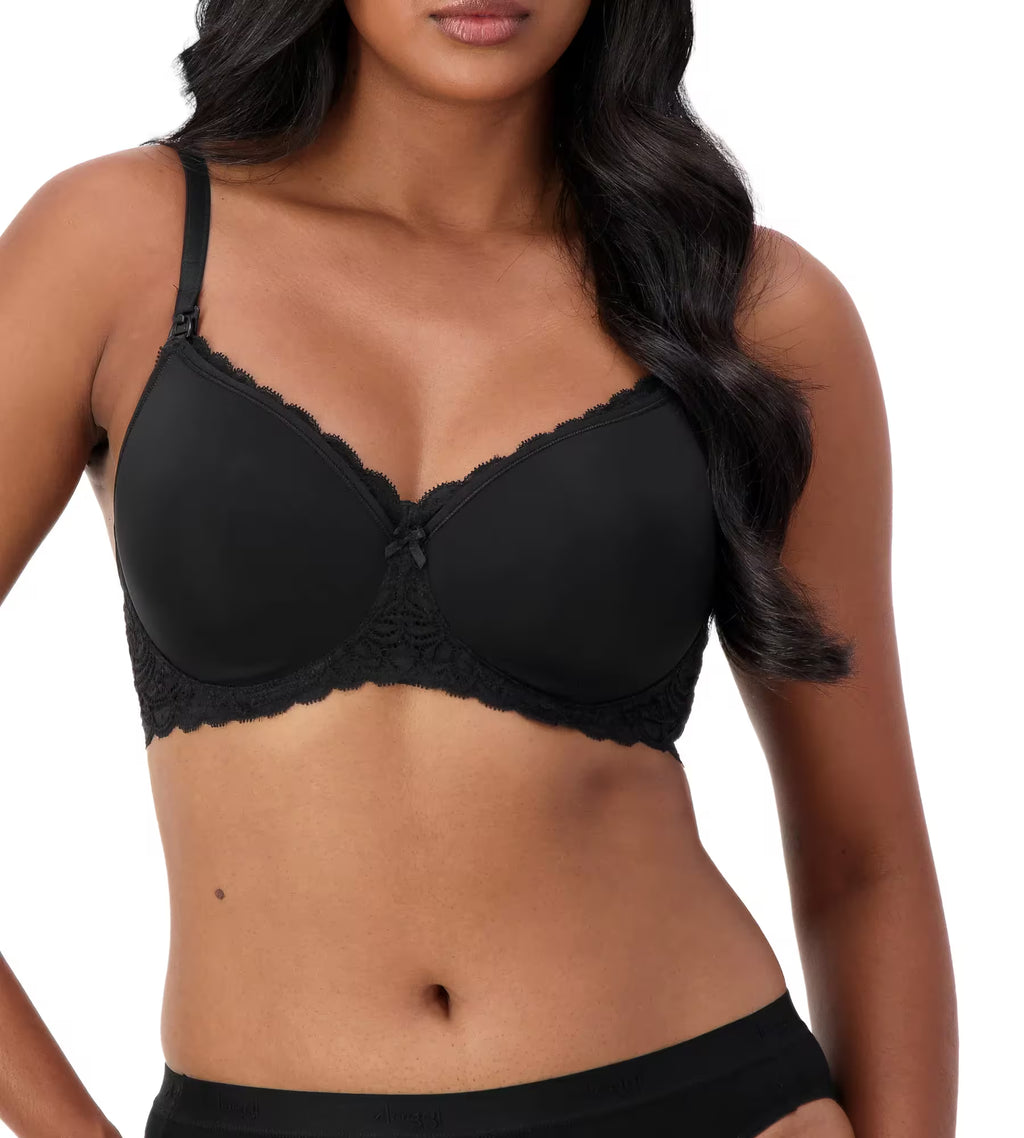 Black Triumph Mama Lace maternity bra with softcup, wire-free design and delicate lace details for comfortable support.